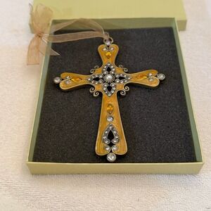 Kirklands Hanging Cross Ornament Yellow Enamel Rhinestone Excellent Ornate Boxed